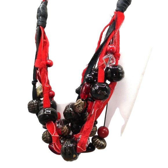 Vivid Bohemian Leather Necklace, Mixed Media Black and Red Beads on Red and Blac - Picture 4 of 4